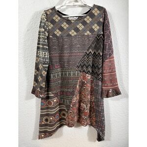 Sacred Threads Tunic Sweater Womens Medium Multicolor Patchwork Boho Knit